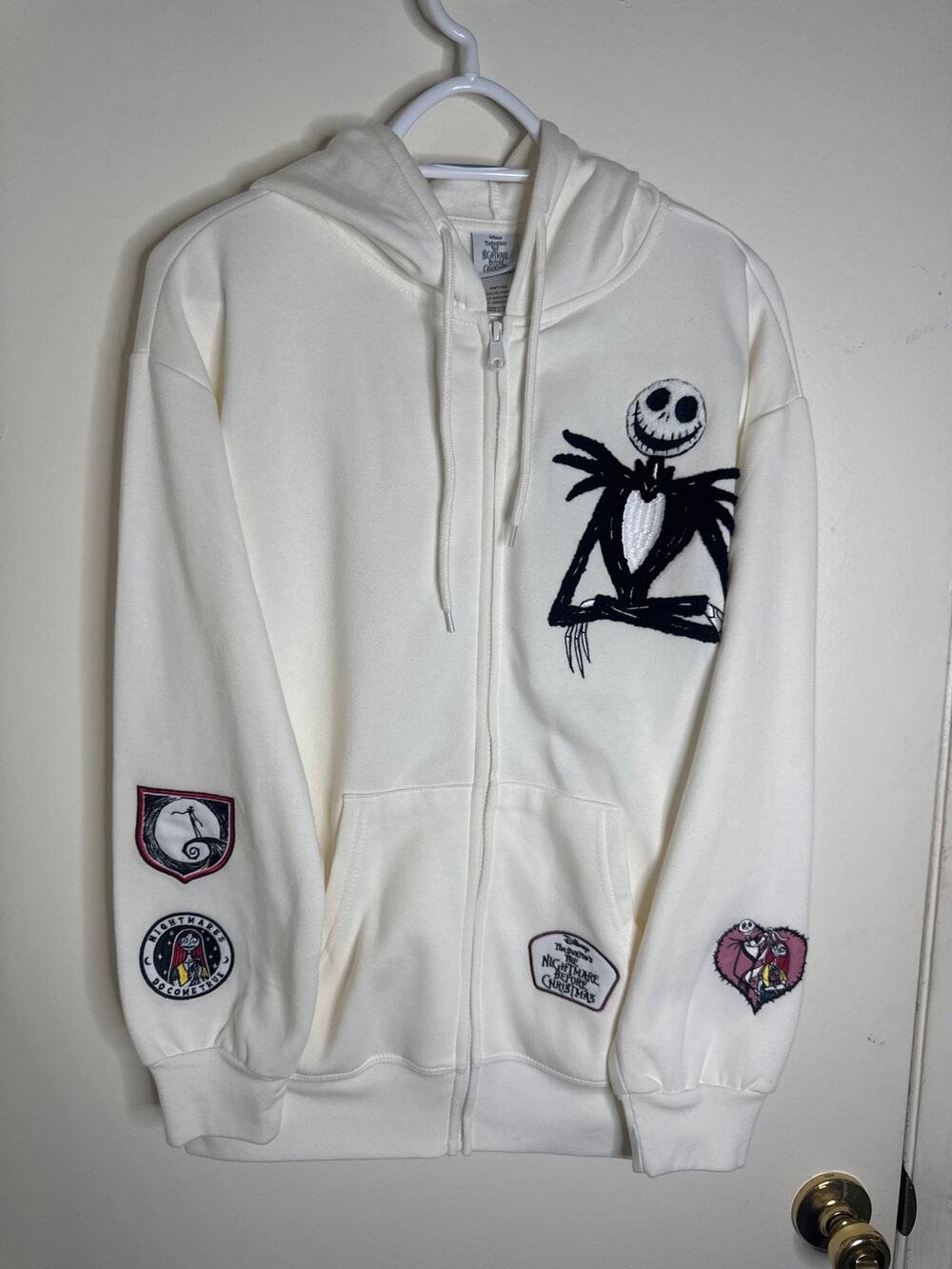 Disney The NBC Ivory Jack Skellington Embroidered Patches Zip-Up Hoodie L